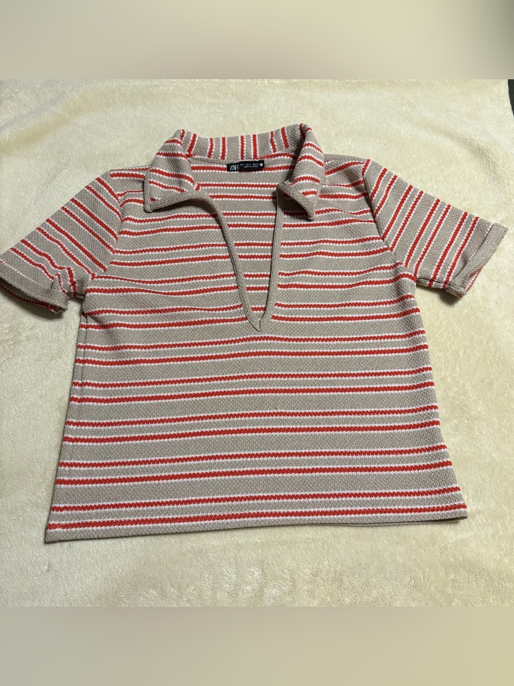 Zara Cream and Red Striped Short Sleeve Polo Top